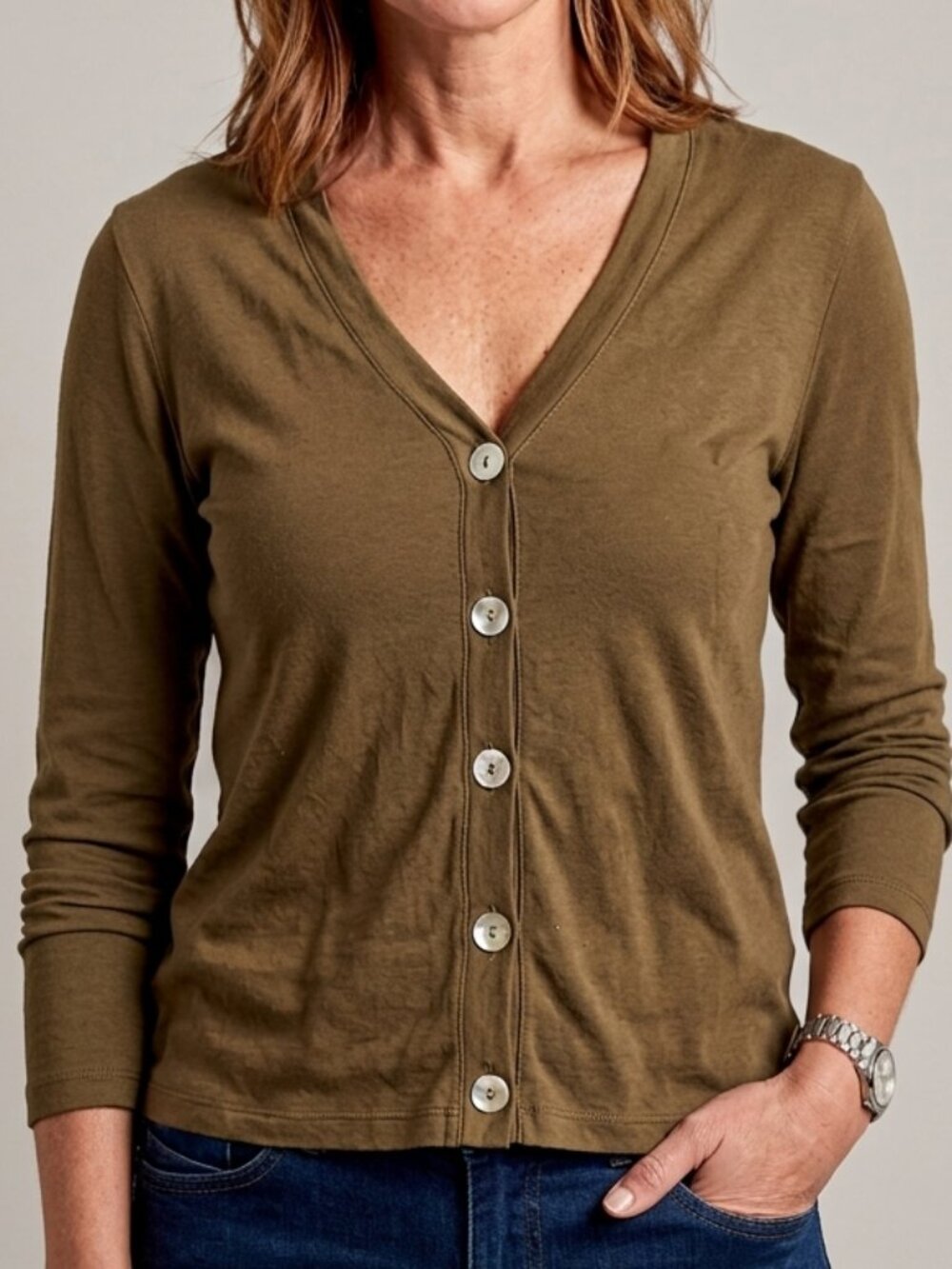 Lilla P Button Front Cardigan Dark Olive Green 100% Pima Cotton V Neck Small